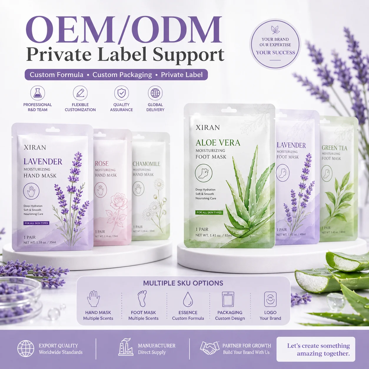 Display of private label hand and foot masks in lavender, rose, chamomile, aloe vera, and green tea scents with customization options.